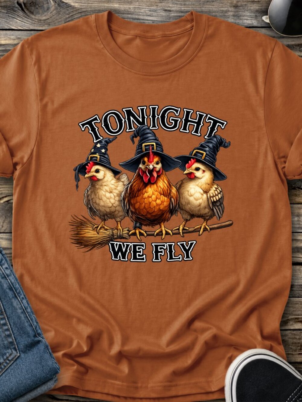 Chicken Witch Tshirt Graphic Tee Funny Halloween Tonight We Fly Broomstick
